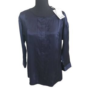 W by Worth Womens Blouse Charmeuse Tunic Stitched Navy Blue Size 6